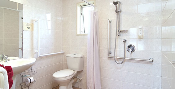 walk-in shown in the bathroom with handrails